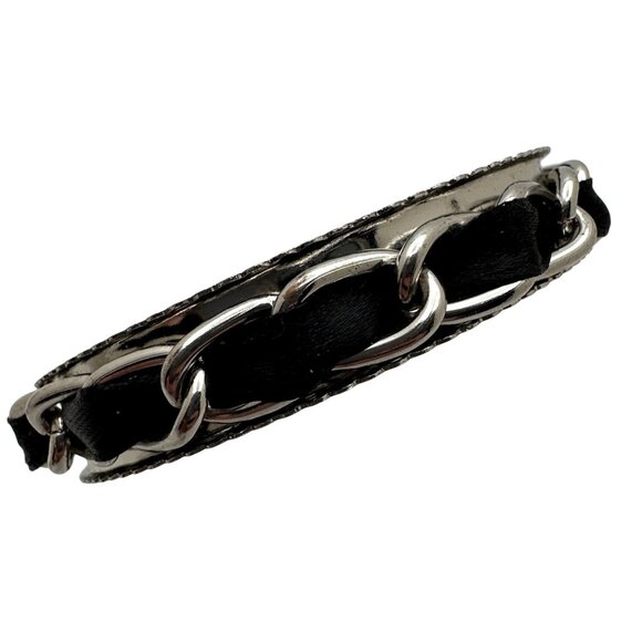 Goth Polished Silver Metal Bangle Bracelet with Black Fabric & Chain Link Design - Picture 1 of 7